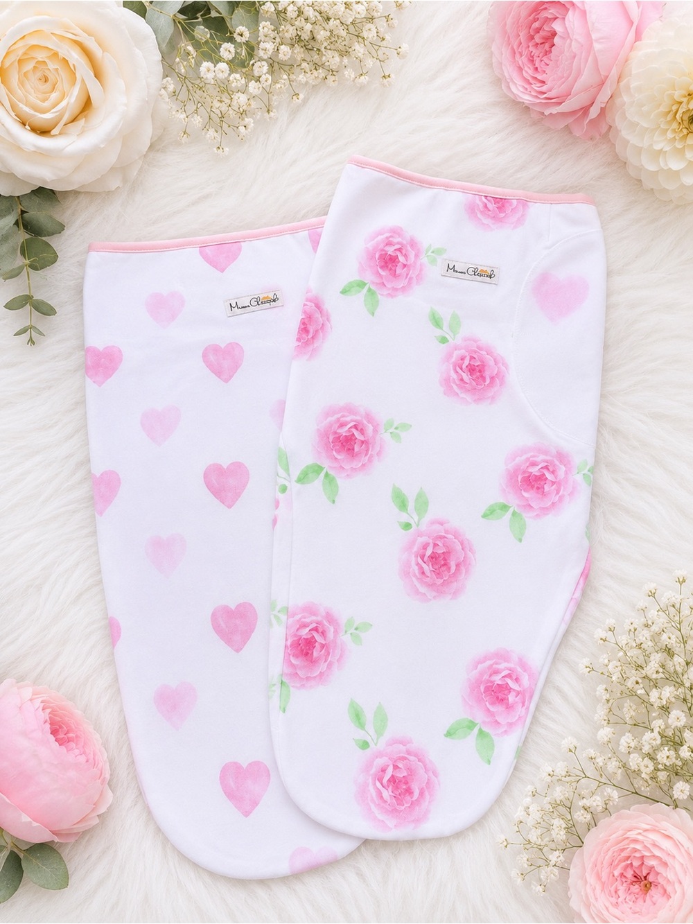 Mama Cheetah Floral & Heart Swaddle Set of 2 in Pink and White